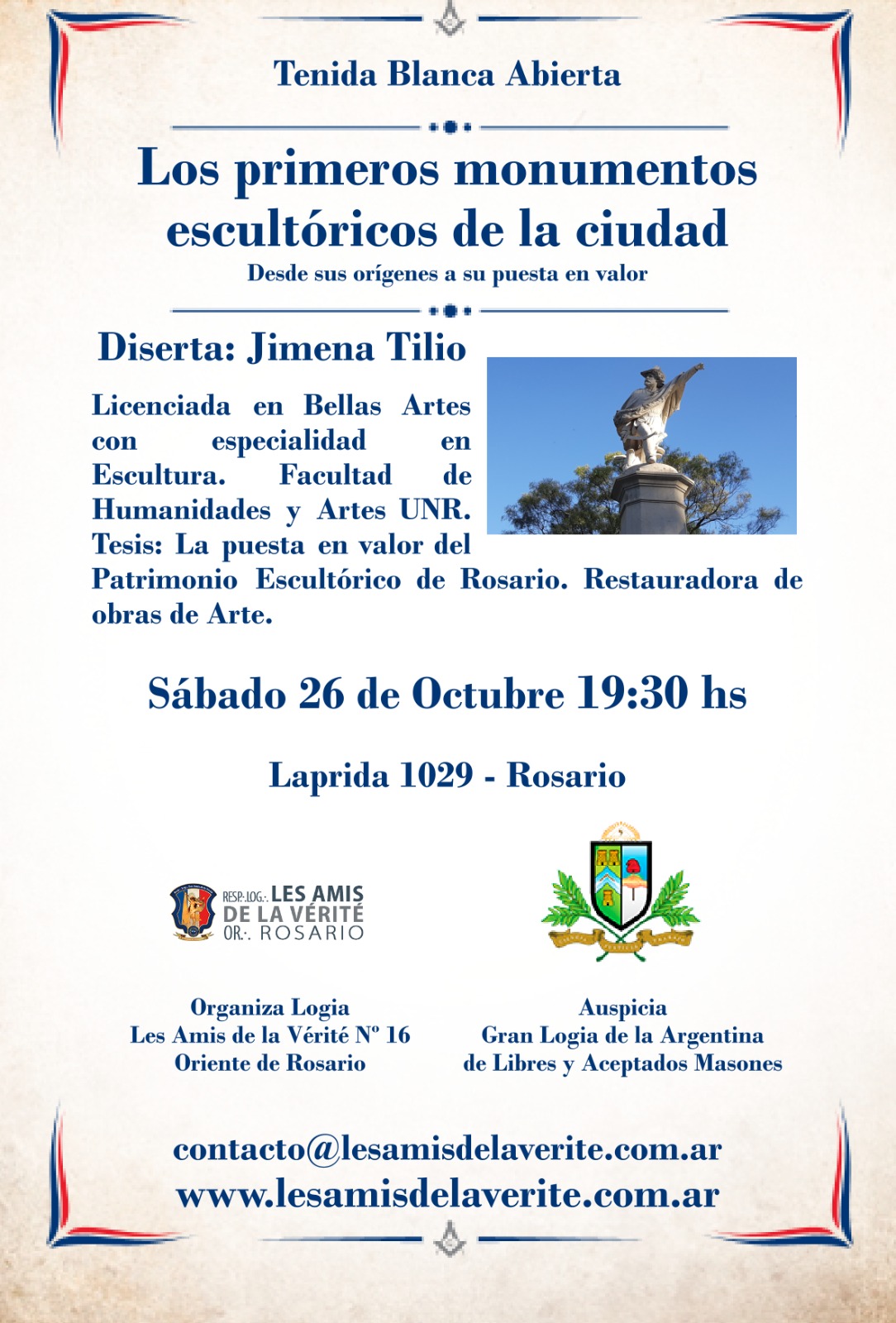 Afiche de la Tenida Blanca sobre los primeros monumentos escultóricos de Rosario